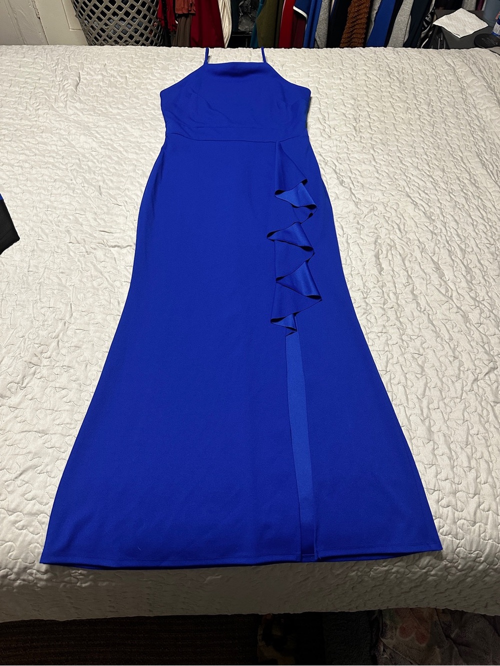 Sweet Storm Cobalt Blue Halter Maxi Dress with Side Ruffle